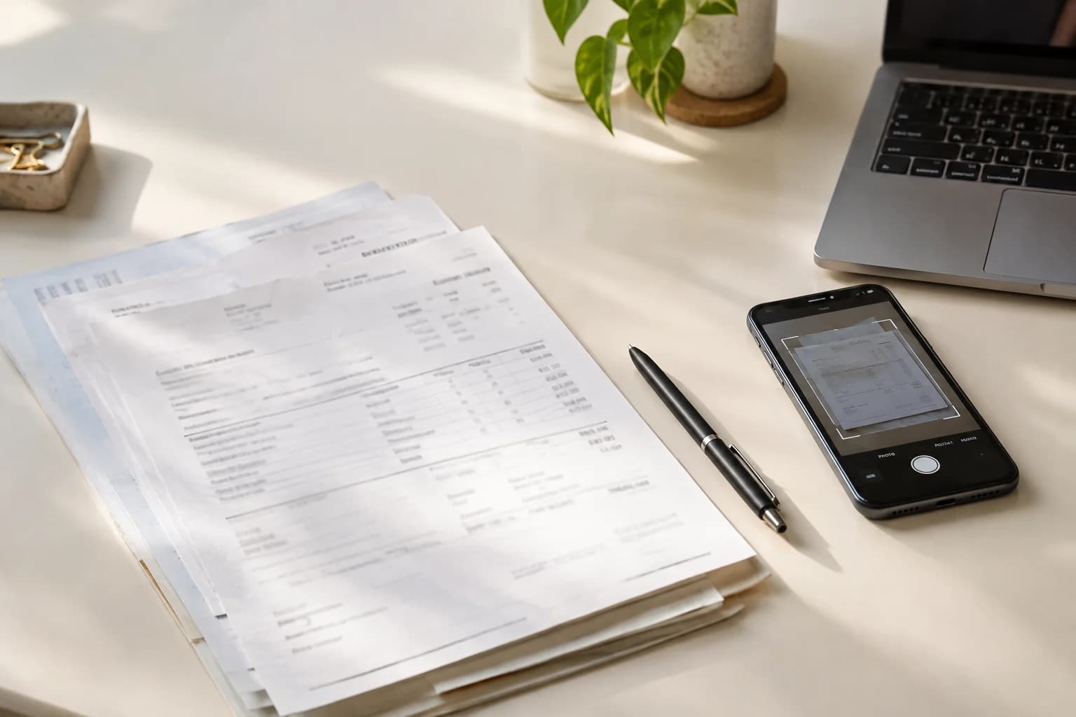 Illustrative documents and a phone for scanning on a desk