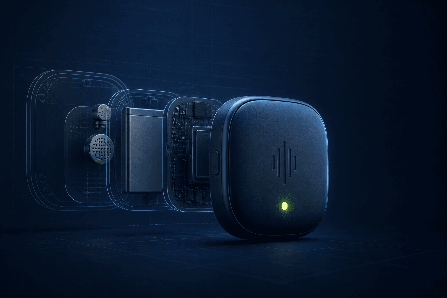 Concept visualization of the Nava voice companion with an exploded hardware blueprint